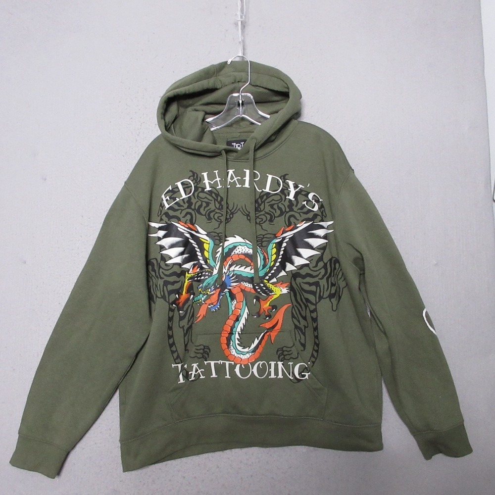 Ed Hardy Hoodie XL Green Tattooing Tiger Dragon Y2K Streetwear Grunge Indie